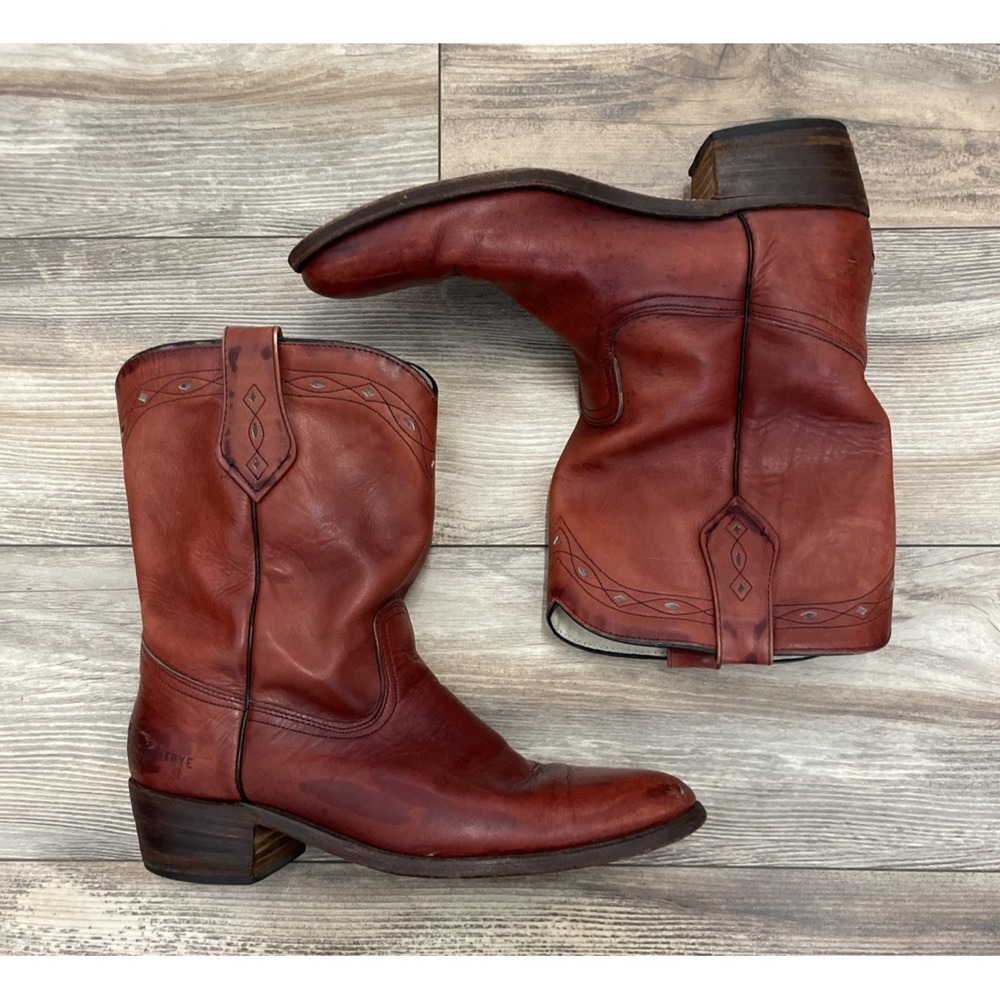 Frye 3130 Red Leather Western Cowboy Pull On Stacked Heel Boots Size 13 D